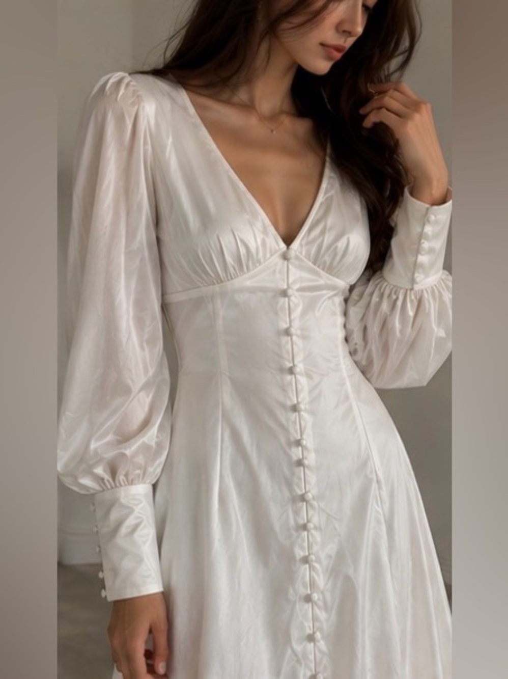 Cider White Satin V-Neck Long Sleeve Button-Front Dress